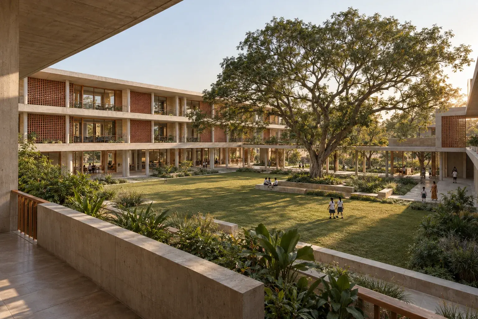 Architectural concept of a contemporary school embracing a shaded courtyard and mature tree