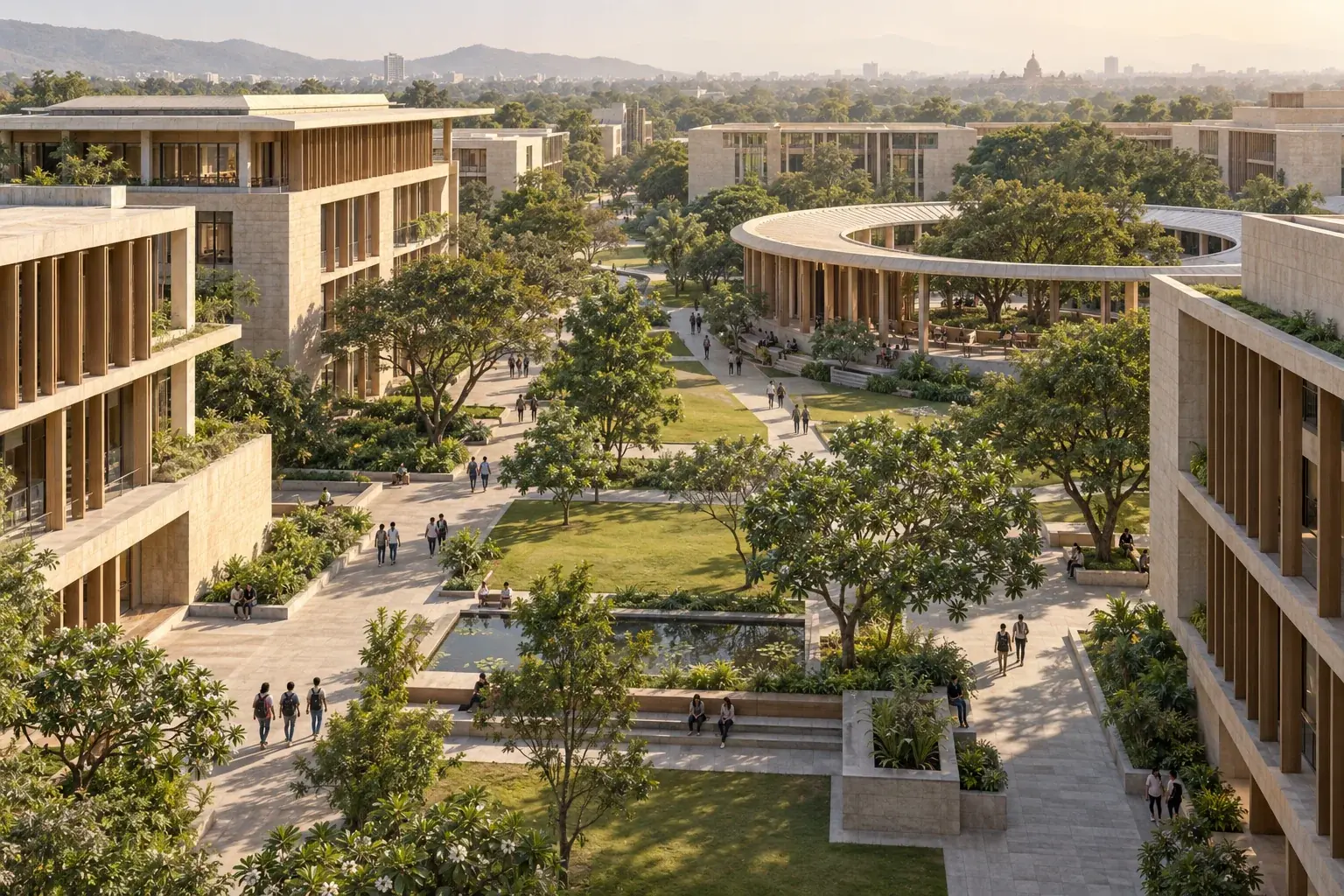 Concept aerial view of a university with a landscaped pedestrian spine and shaded faculty buildings